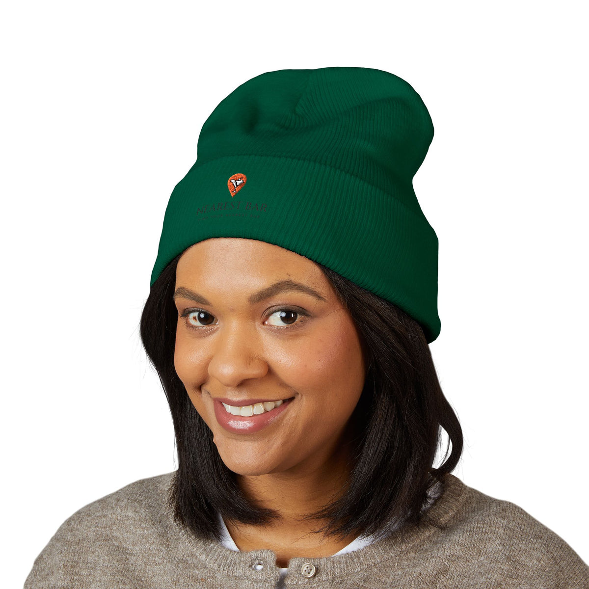 Nearest Bar Knit Cap (Light Colors) in Spruce, female model