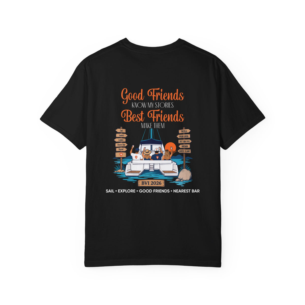 Good Friends BVI Sailing T-Shirt in Black, back view with catamaran graphic