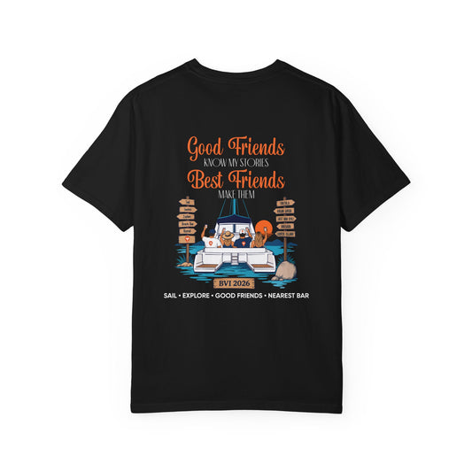 Good Friends BVI Sailing T-Shirt in Black, back view with catamaran graphic
