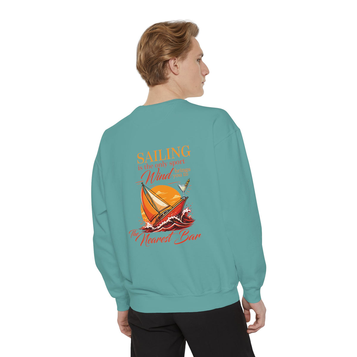 Wind & Sailing Crewneck Sweatshirt in Seafoam, male model, back