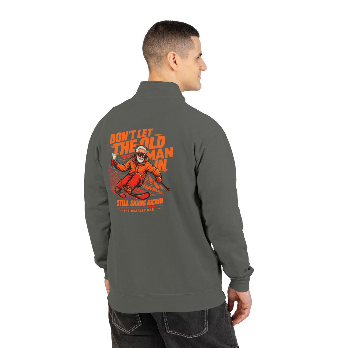 Don't Let the Old Man In Quarter-Zip Sweatshirt in Pepper, male model, back