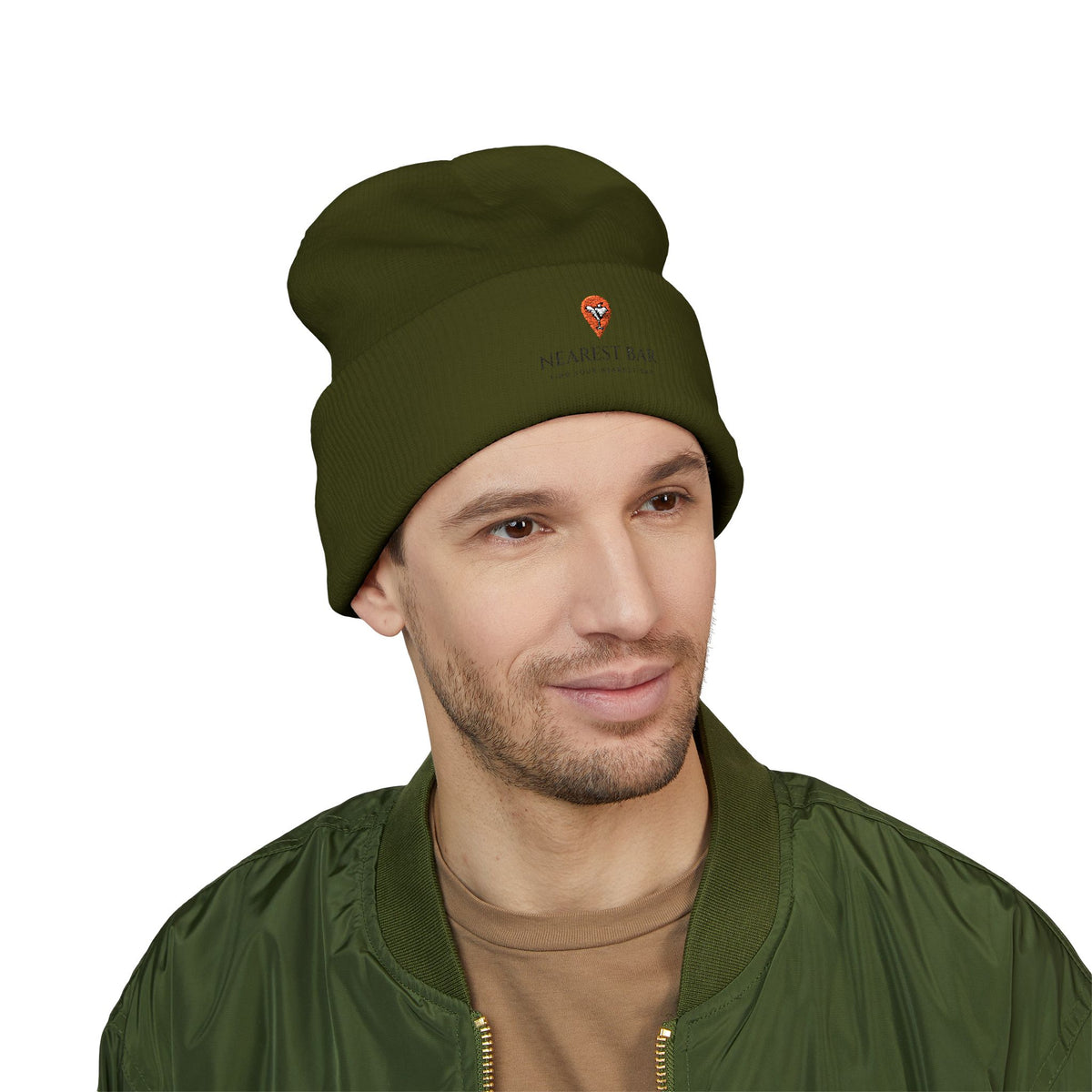 Nearest Bar Knit Cap (Light Colors) in Olive, male model