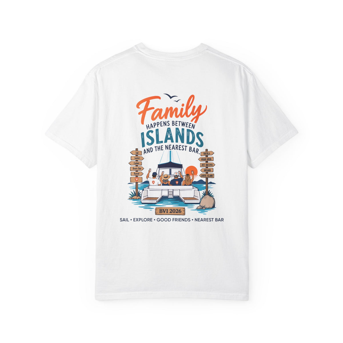 Family Happens BVI Sailing T-Shirt in White, back view with catamaran graphic
