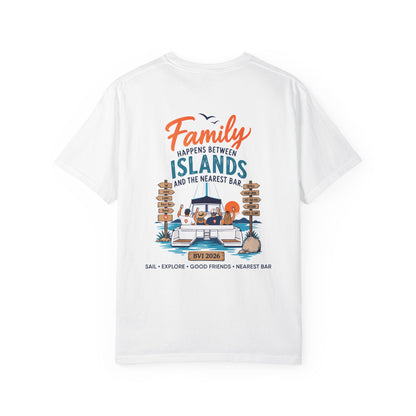 Family Happens BVI Sailing T-Shirt in White, back view with catamaran graphic