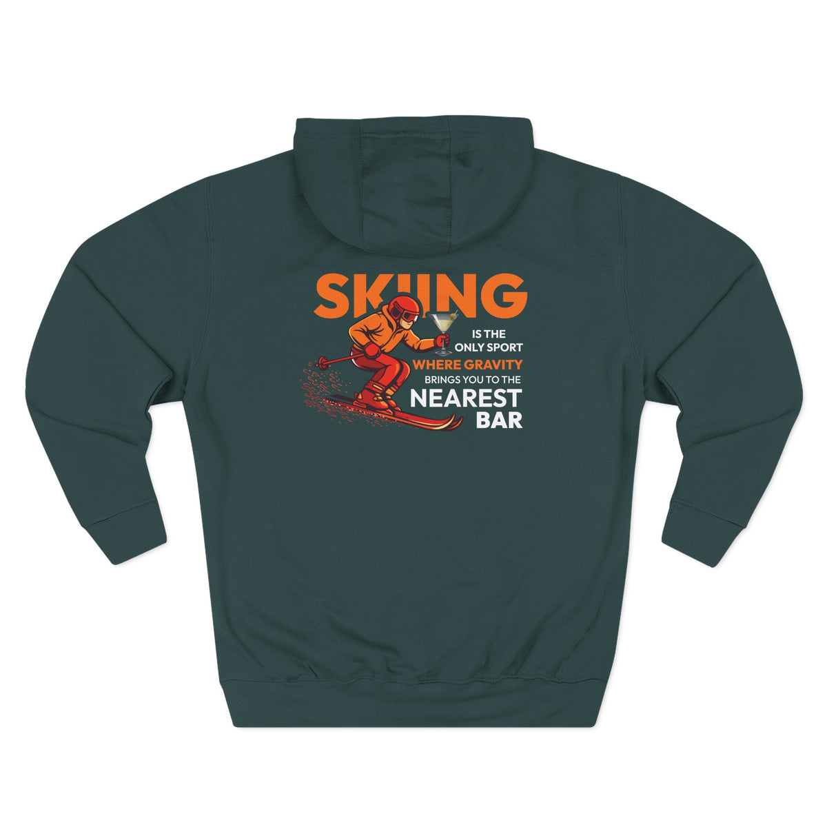 Gravity Skiing Fleece Hoodie in Sports Green, flat back
