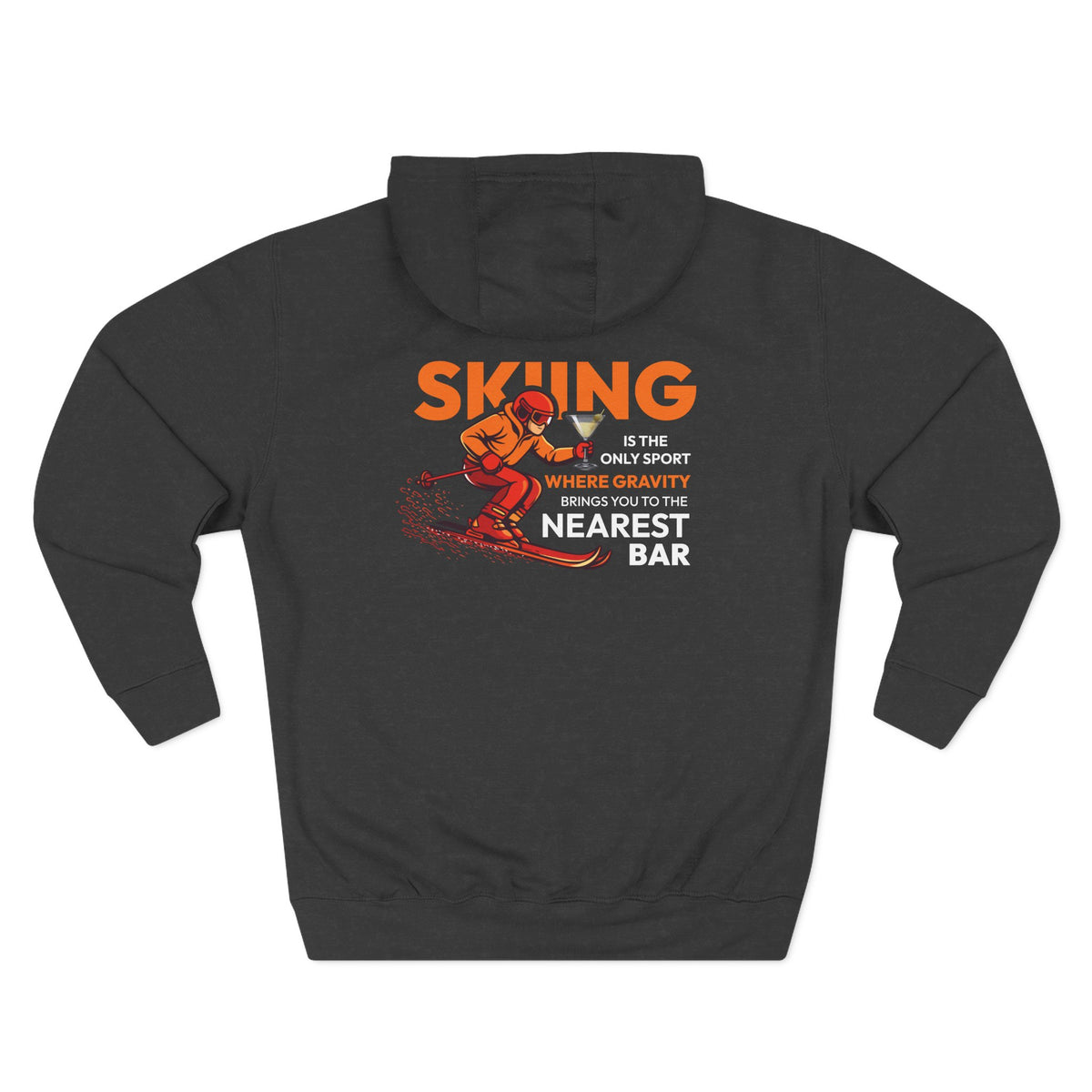 Gravity Skiing Fleece Hoodie in Charcoal Heather, flat back