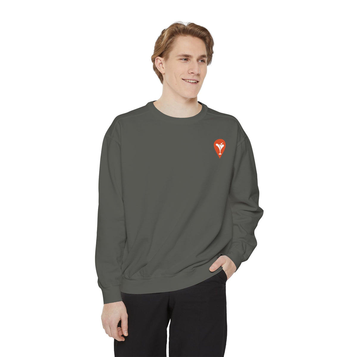 Gravity Skiing Crewneck Sweatshirt in Pepper, male model, front