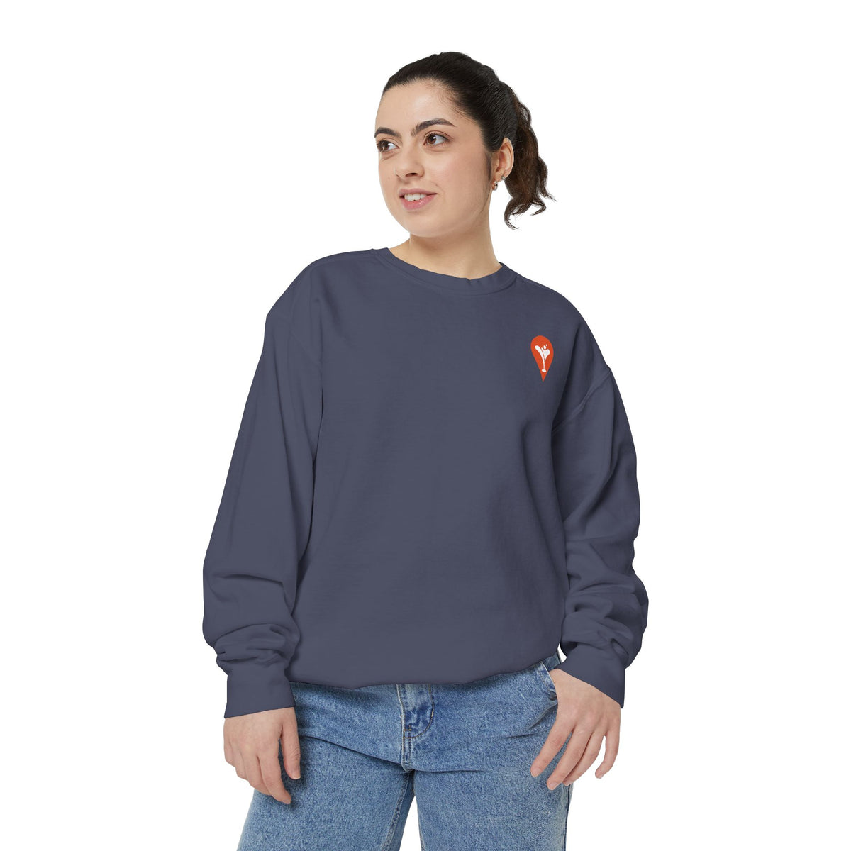 Gravity Skiing Crewneck Sweatshirt in Denim, female model, front