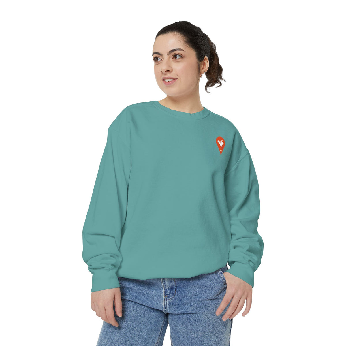Gravity Skiing Crewneck Sweatshirt in Seafoam, female model, front