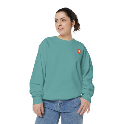 Gravity Skiing Crewneck Sweatshirt in Seafoam, female model, front