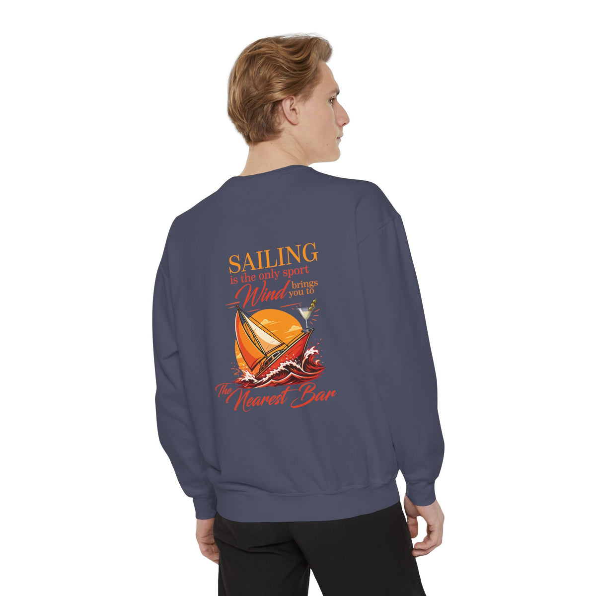 Wind & Sailing Crewneck Sweatshirt in Denim, male model, back