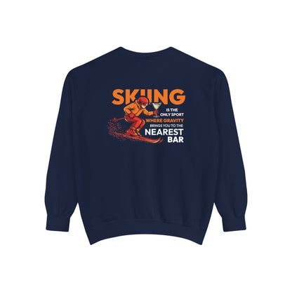 Gravity Skiing Crewneck Sweatshirt in True Navy, flat back