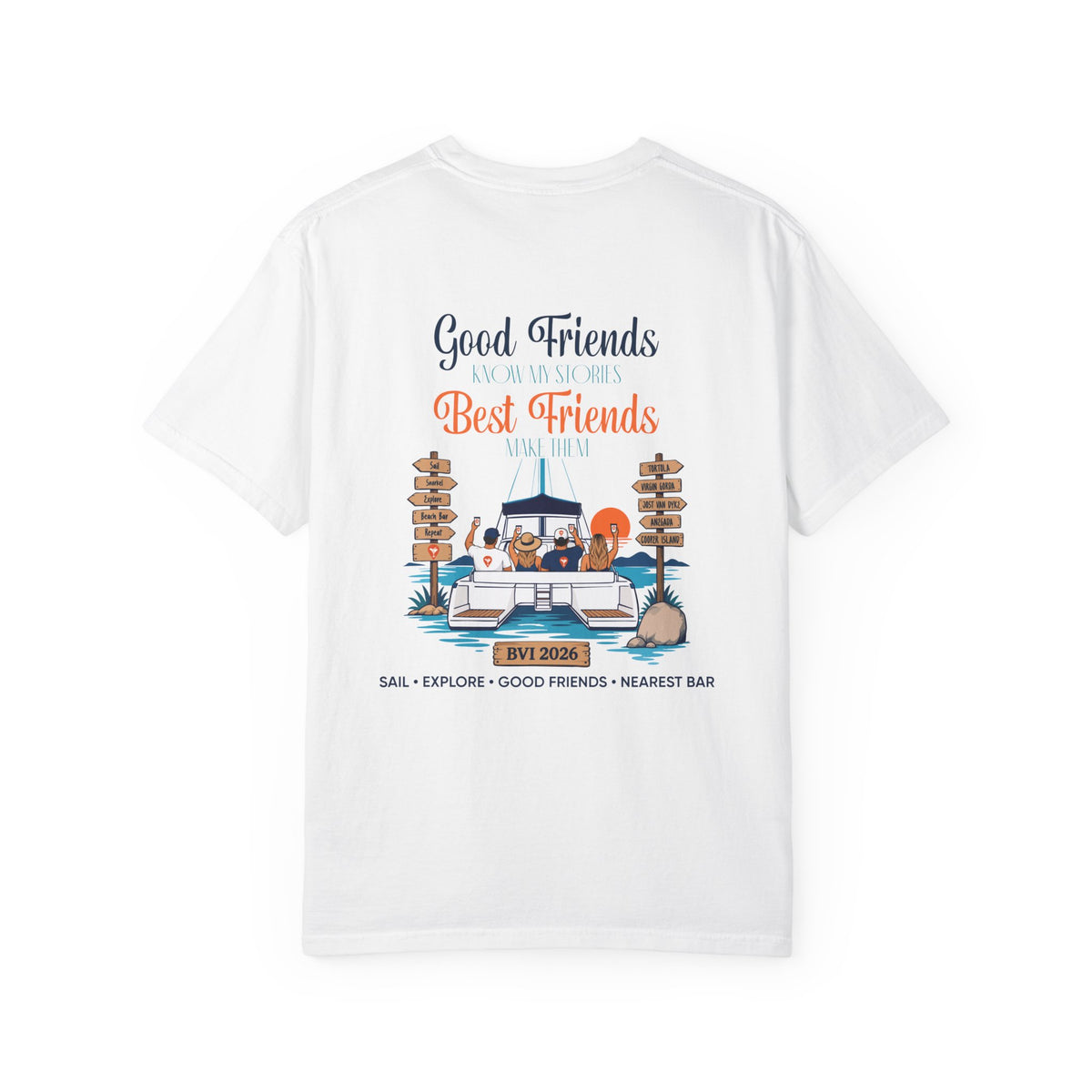 Good Friends BVI Sailing T-Shirt in White, back view with catamaran graphic