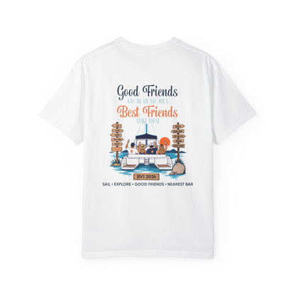 Good Friends BVI Sailing T-Shirt in White, back view with catamaran graphic
