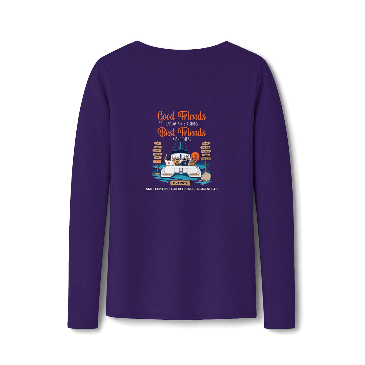 Good Friends, Best Friends Women's Long Sleeve V-Neck Tee in Team Purple, back