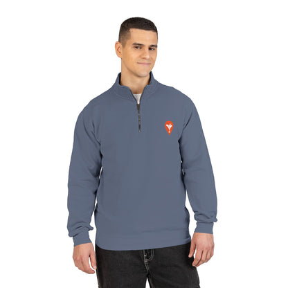 Man wearing Nearest Bar golf quarter-zip in Blue Jean, front