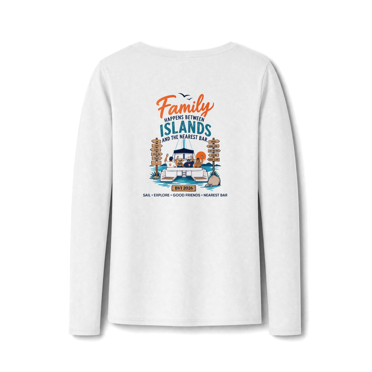 Family Happens Between Islands Women's Long Sleeve V-Neck Tee in White, back