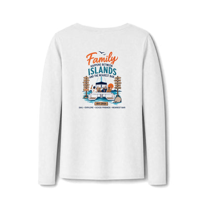 Family Happens Between Islands Women's Long Sleeve V-Neck Tee in White, back