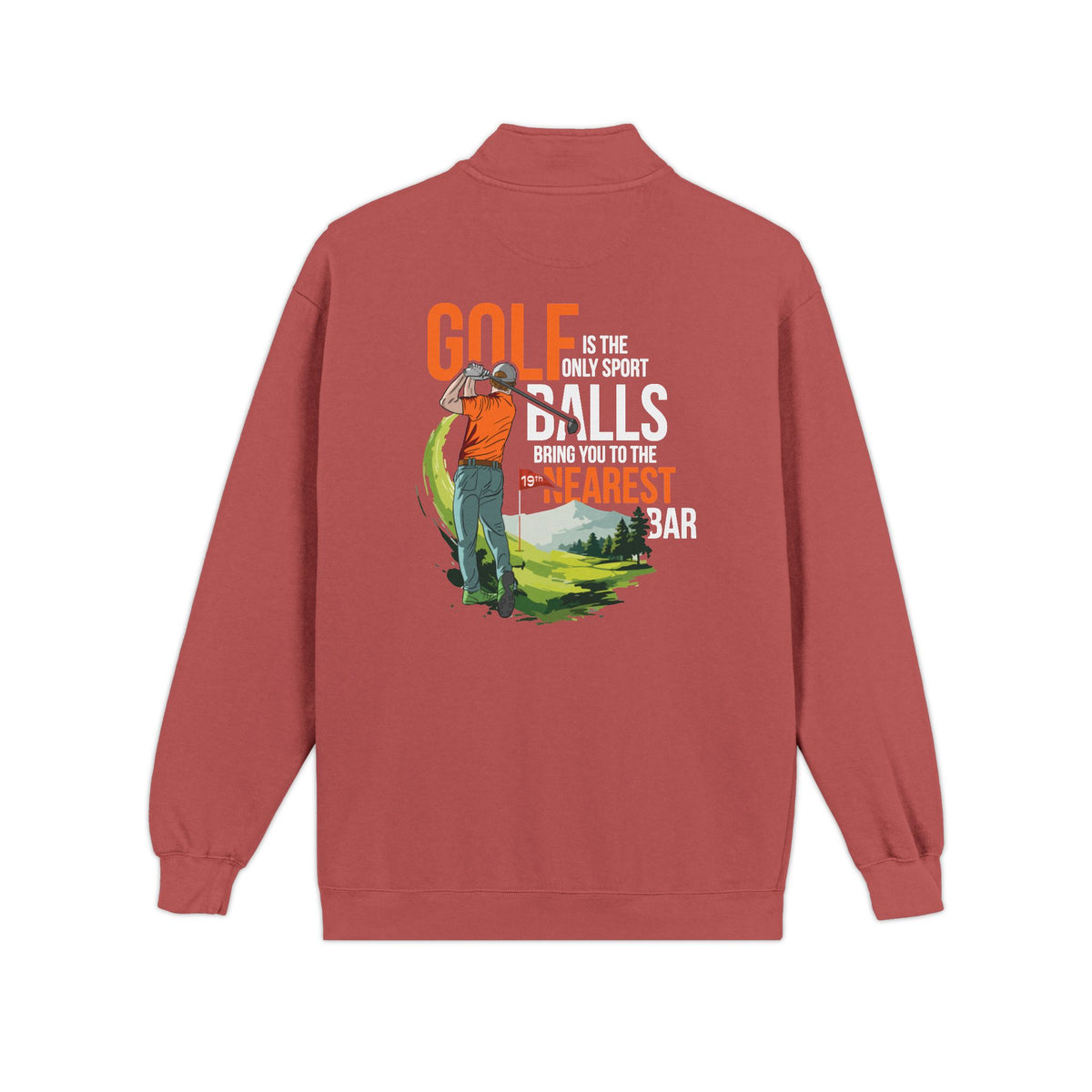 Golf Is the Only Sport quarter-zip in Crimson, back view with 19th hole golf graphic