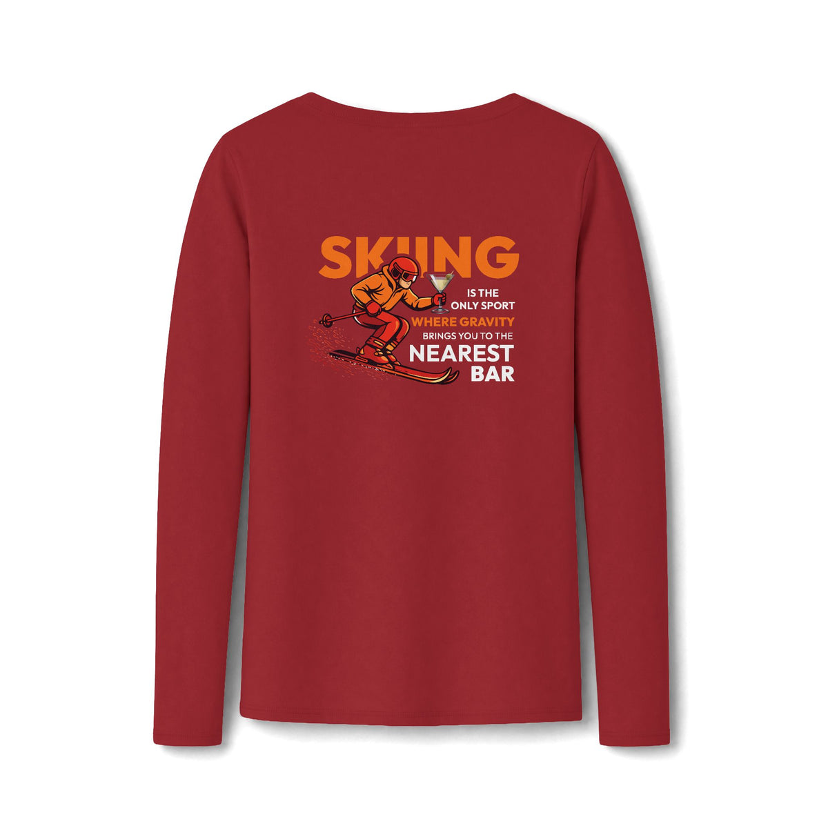 Gravity Skiing Women's Long Sleeve V-Neck Tee in Bright Red, back