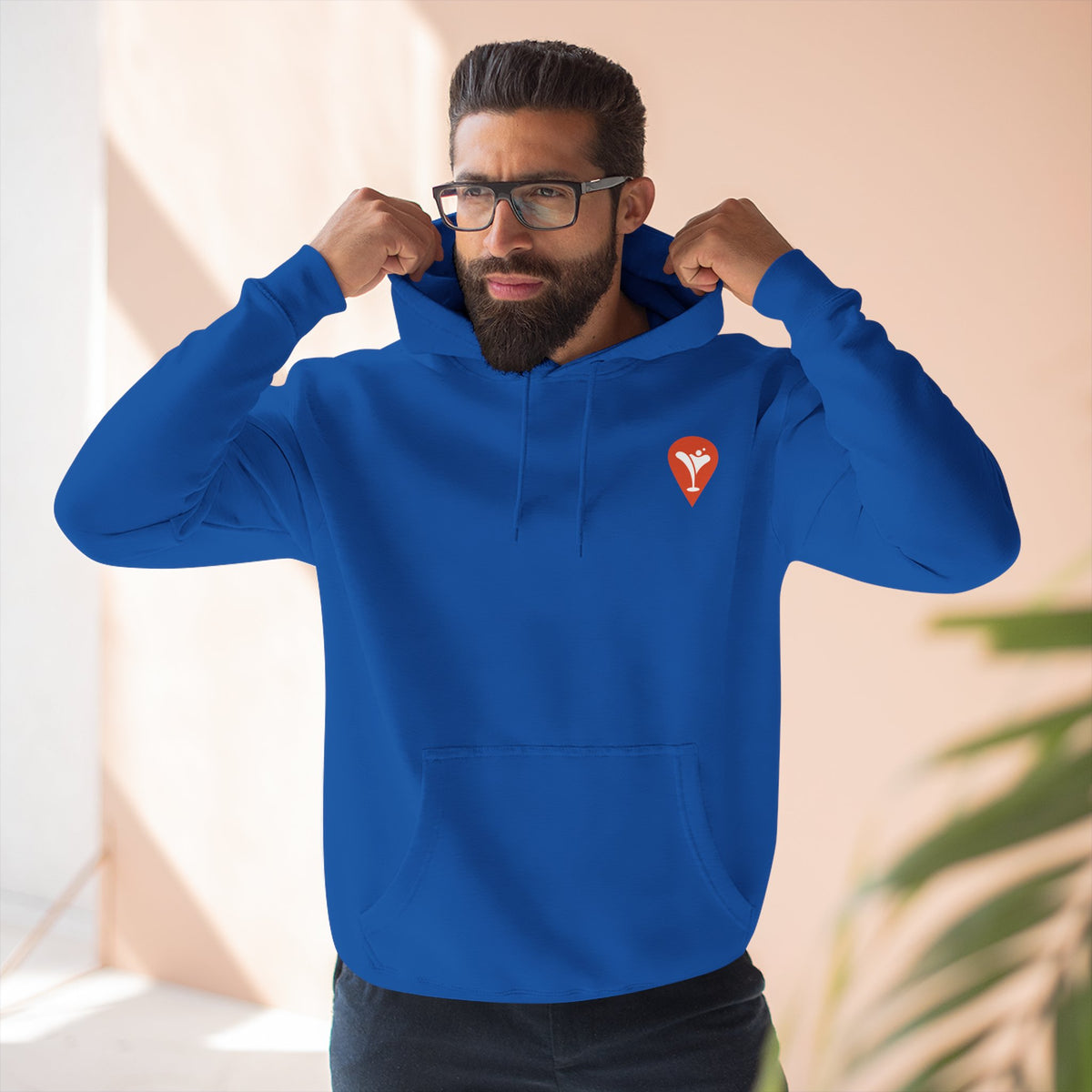 Don't Let the Old Man In Fleece Hoodie in Royal Blue, male model, front