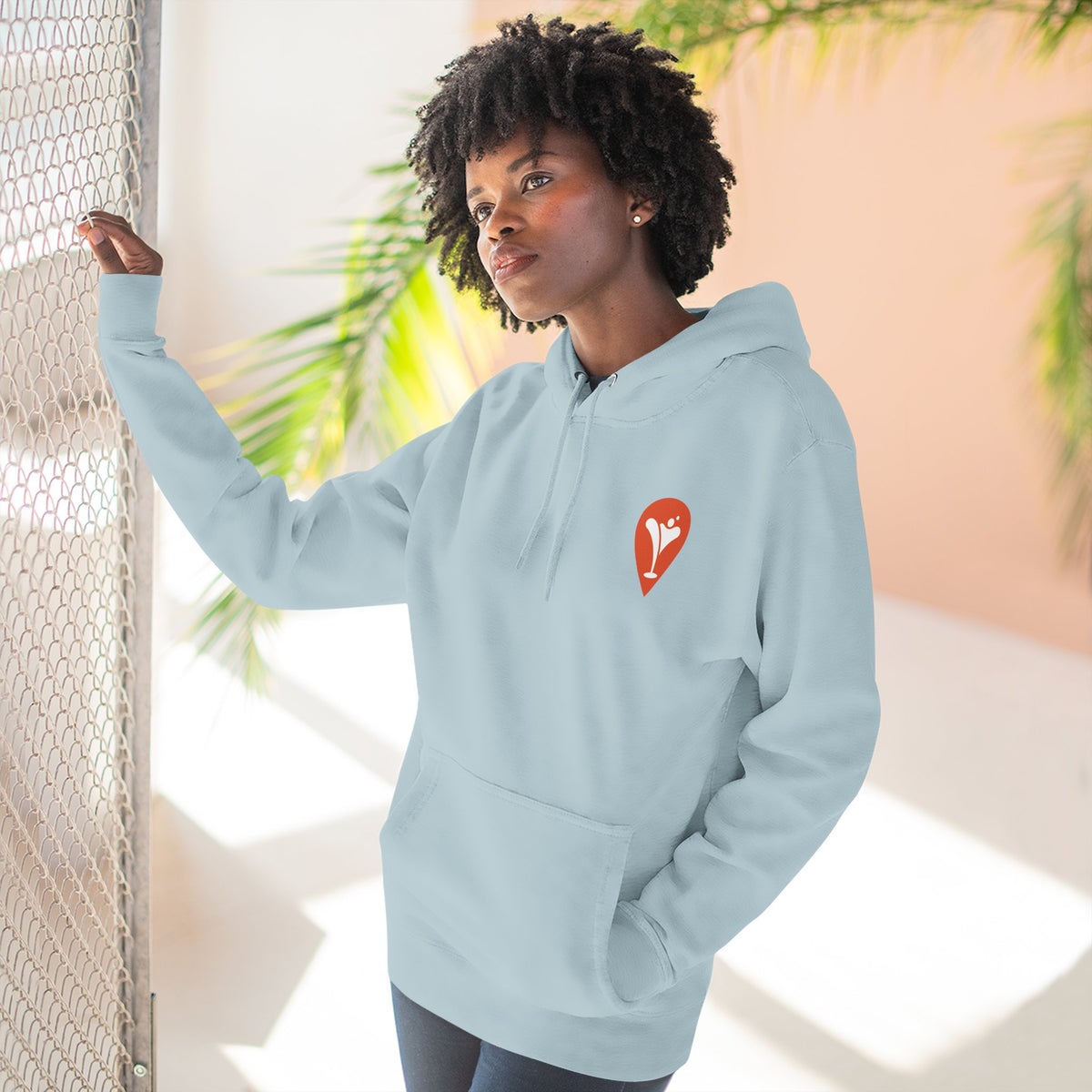 Wind & Sailing Fleece Hoodie in Blue Mist, female model, front