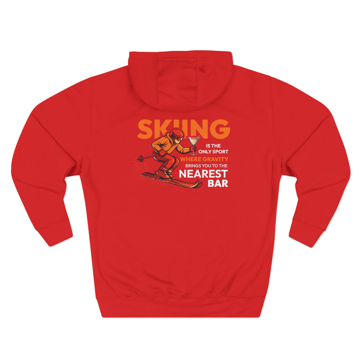 Gravity Skiing Fleece Hoodie in Red, flat back