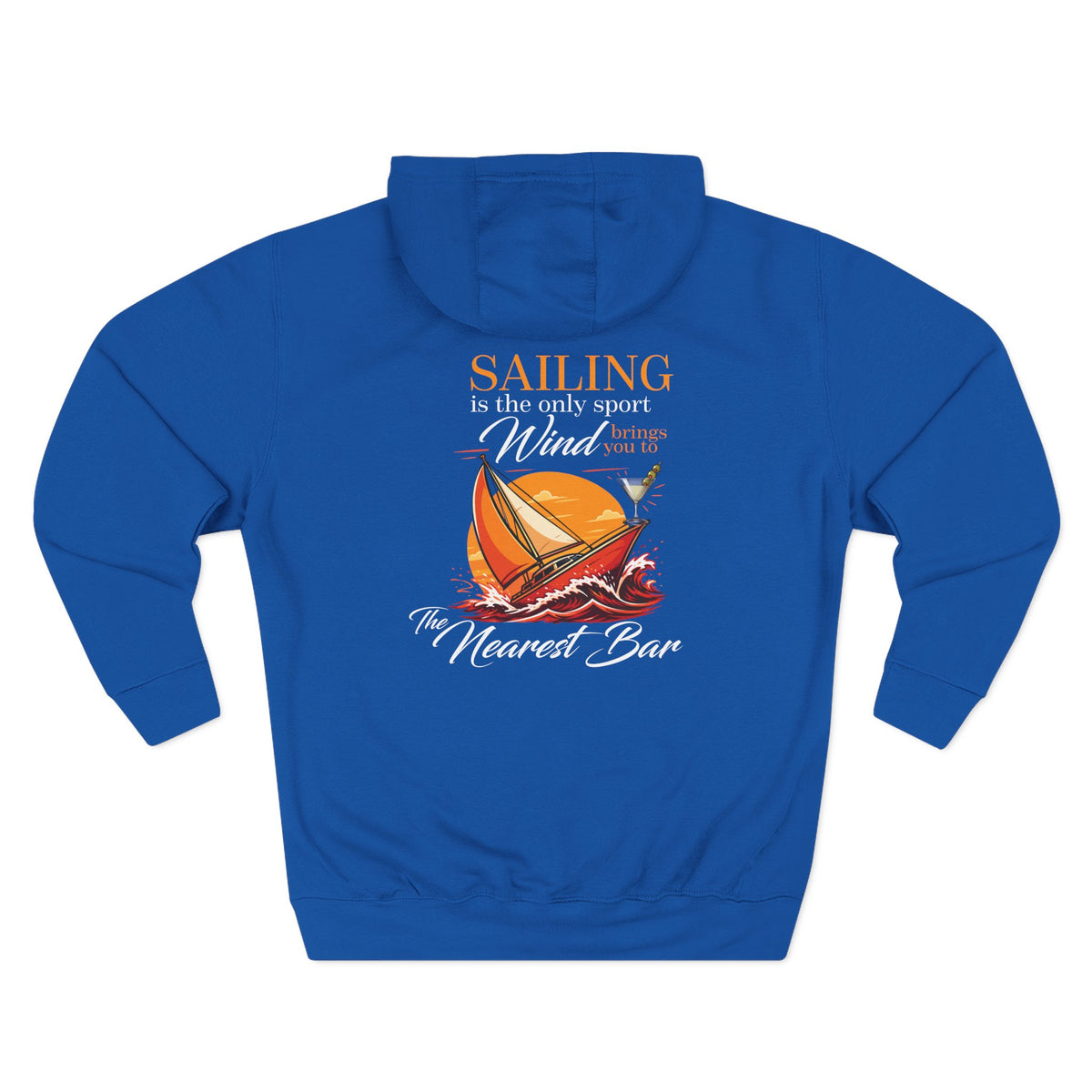 Wind & Sailing Fleece Hoodie in Royal Blue, flat back