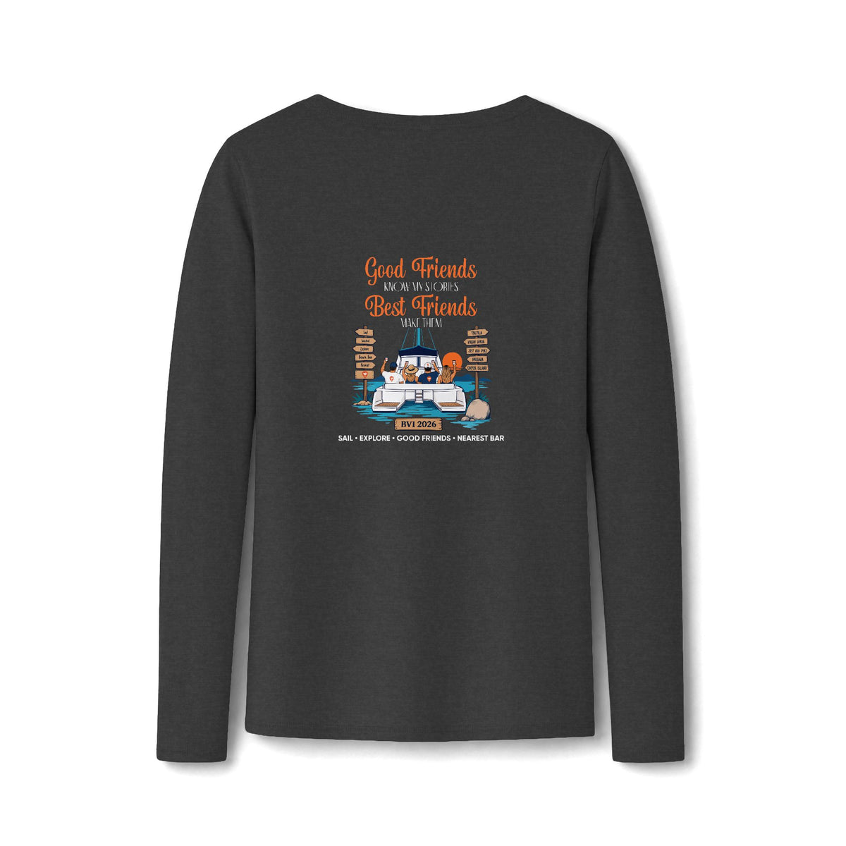 Good Friends, Best Friends Women's Long Sleeve V-Neck Tee in Dark Heather Grey, back