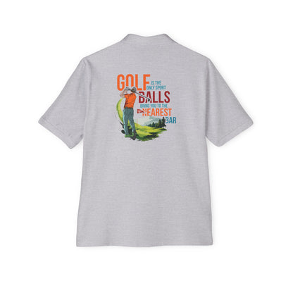 Golf Polo Shirt in Athletic Heather, back view with golf graphic