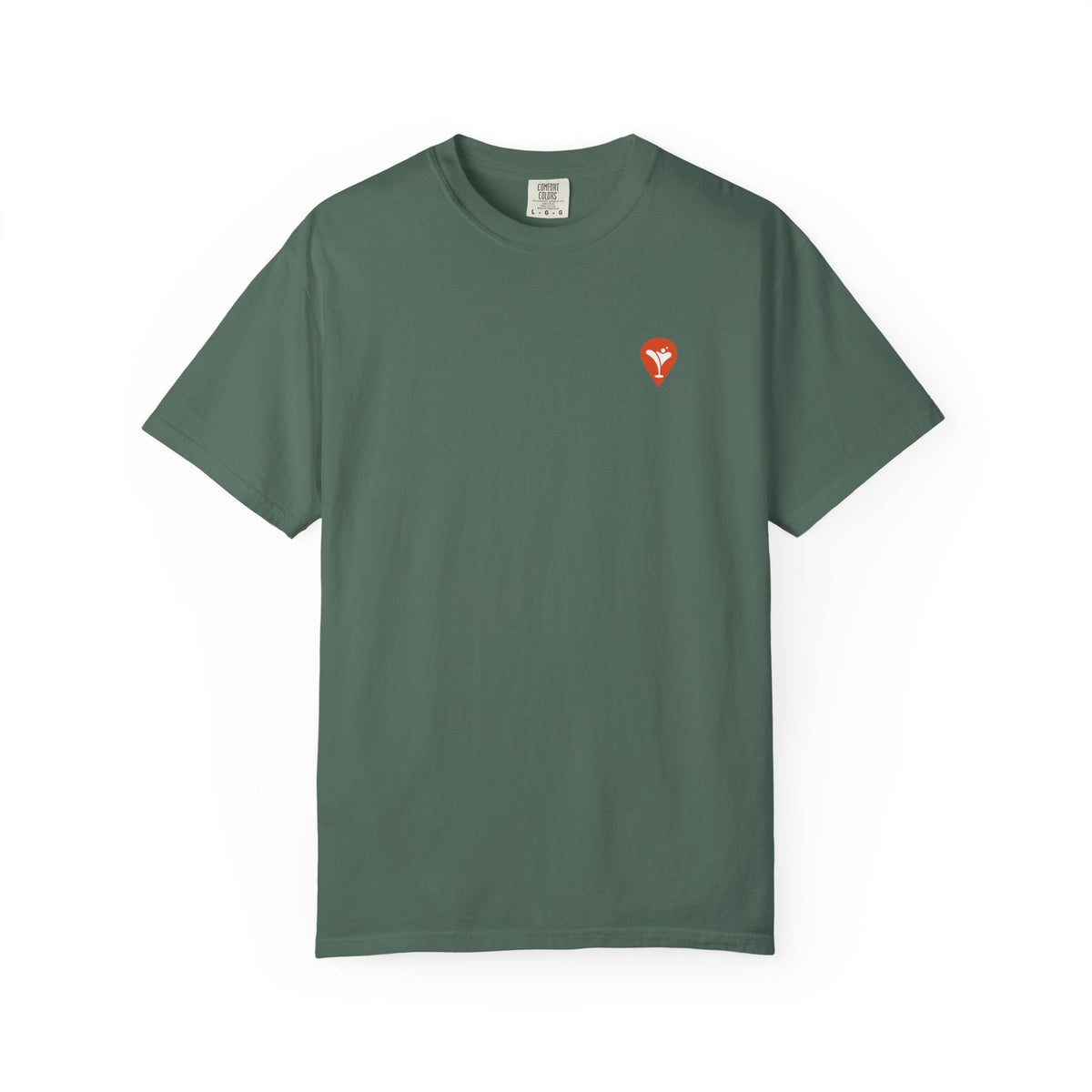 Gravity Skiing T-Shirt in Blue Spruce, front with Nearest Bar chest logo