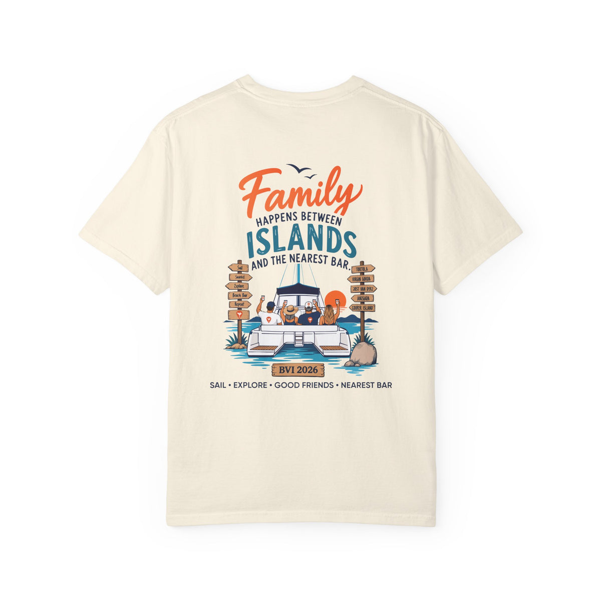 Family Happens BVI Sailing T-Shirt in Ivory, back view with catamaran graphic