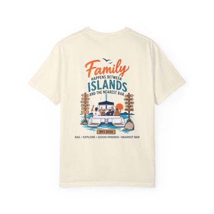 Family Happens BVI Sailing T-Shirt in Ivory, back view with catamaran graphic
