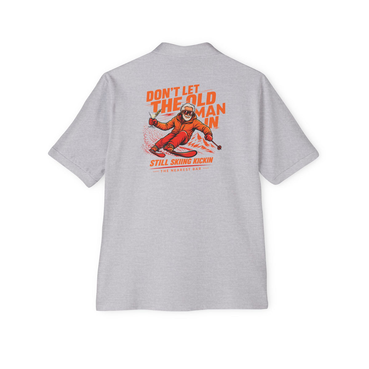 Old Man Skiing Nearest Bar Polo in Athletic Heather, back view with skiing graphic