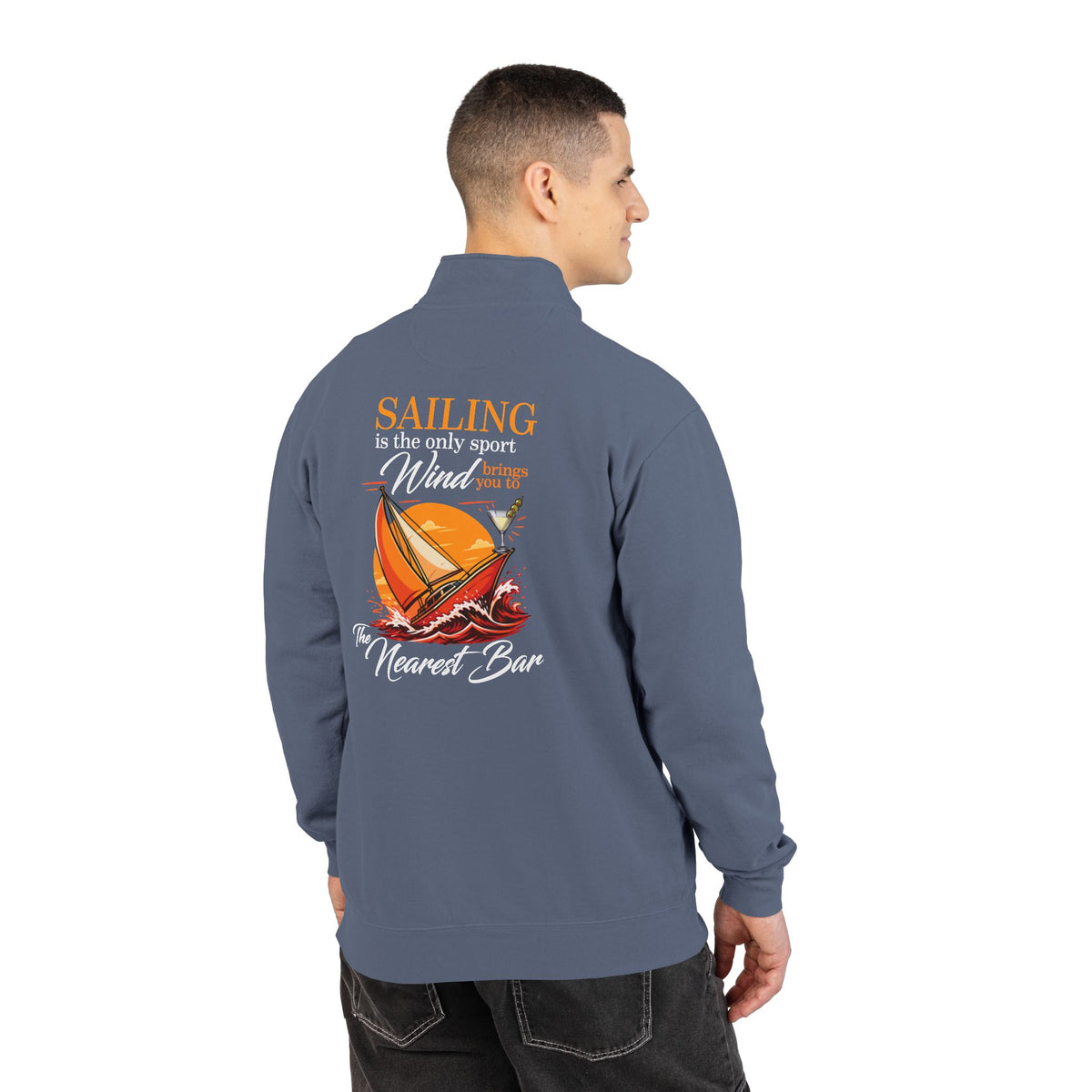 Wind & Sailing Quarter-Zip Sweatshirt in Blue Jean, male model, back