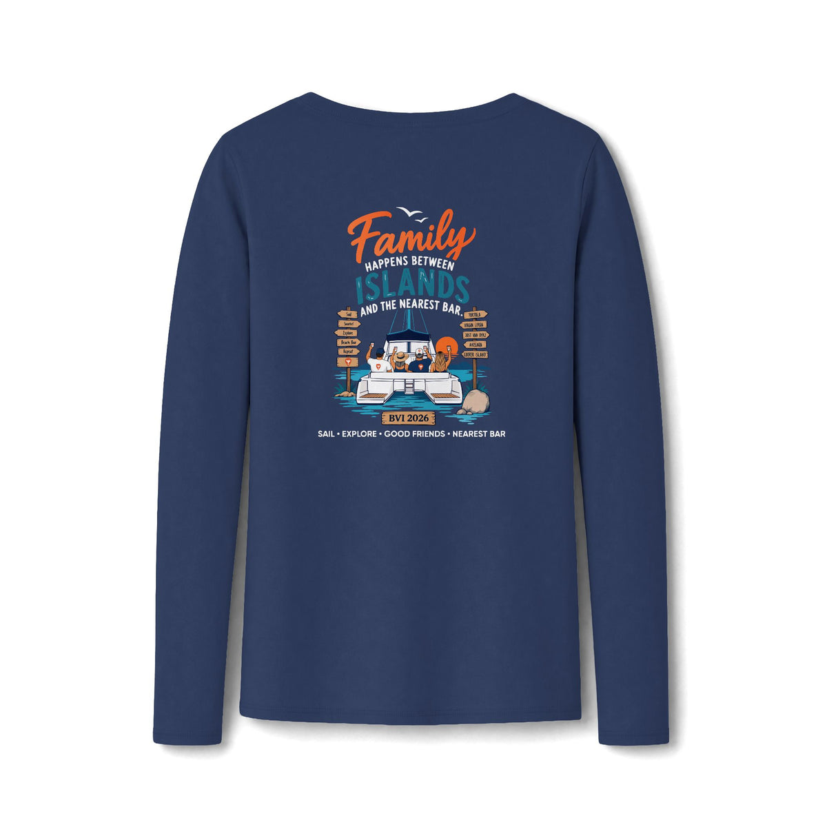 Family Happens Between Islands Women's Long Sleeve V-Neck Tee in Team Navy, back