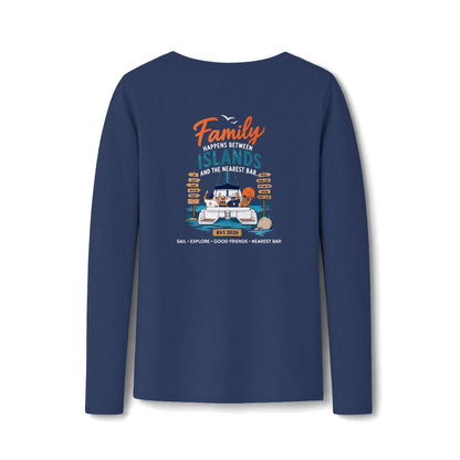 Family Happens Between Islands Women's Long Sleeve V-Neck Tee in Team Navy, back