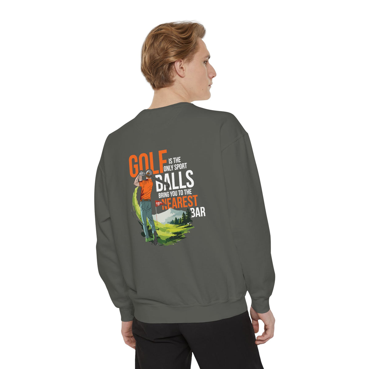 Golf Is the Only Sport Crewneck Sweatshirt in Pepper, male model, back