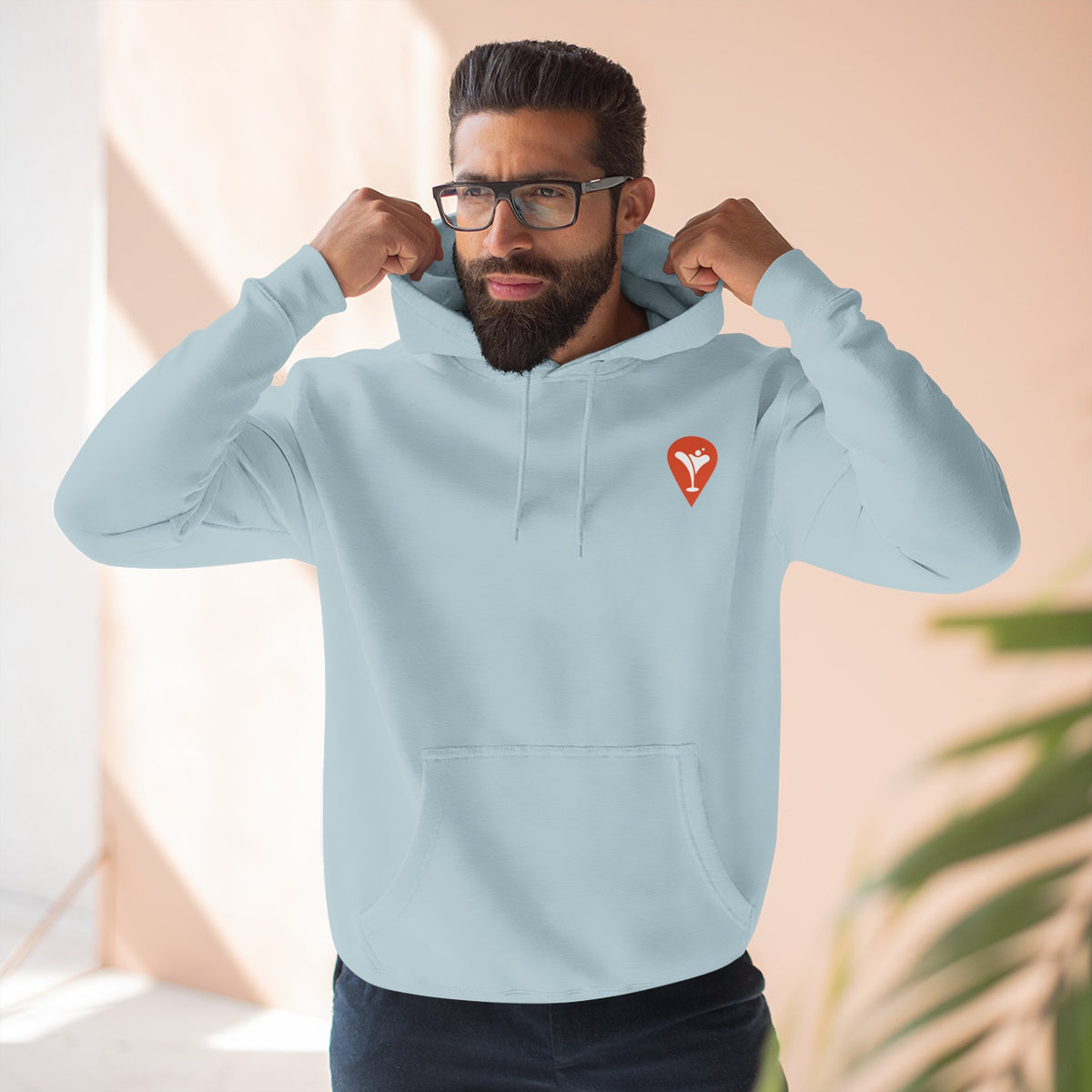 Gravity Skiing Fleece Hoodie in Blue Mist, male model, front