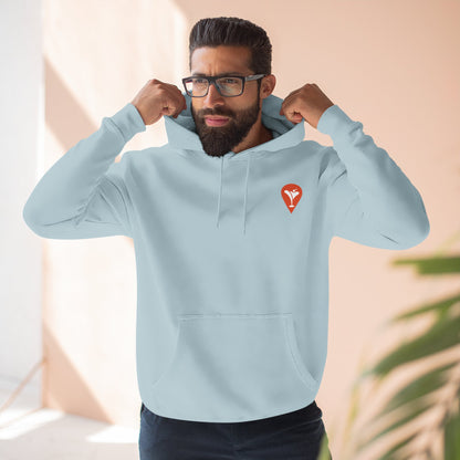 Gravity Skiing Fleece Hoodie in Blue Mist, male model, front