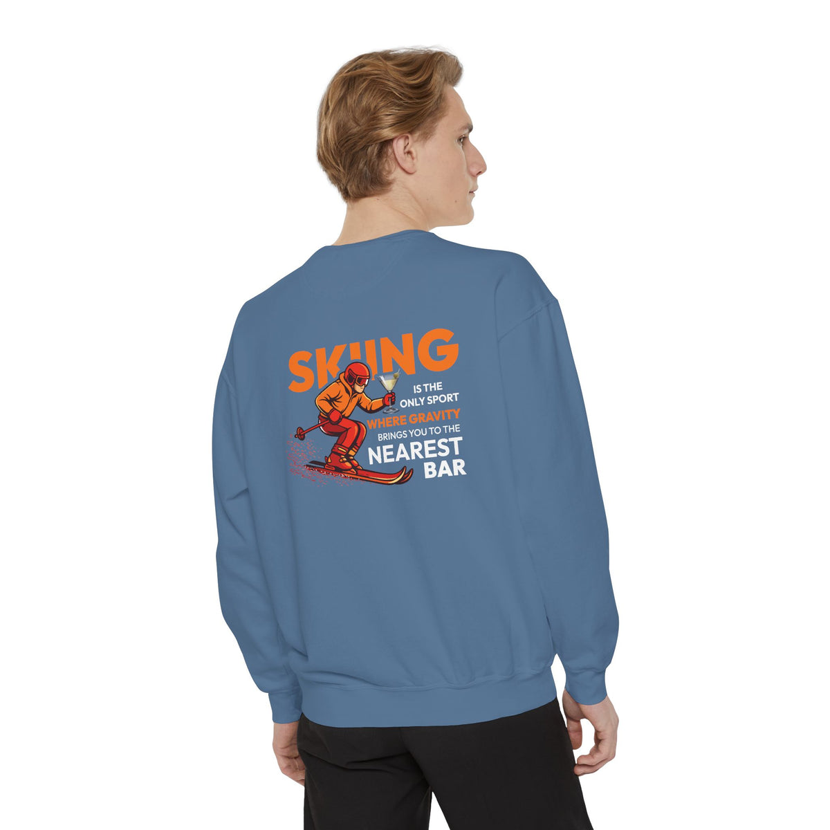 Gravity Skiing Crewneck Sweatshirt in Blue Jean, male model, back