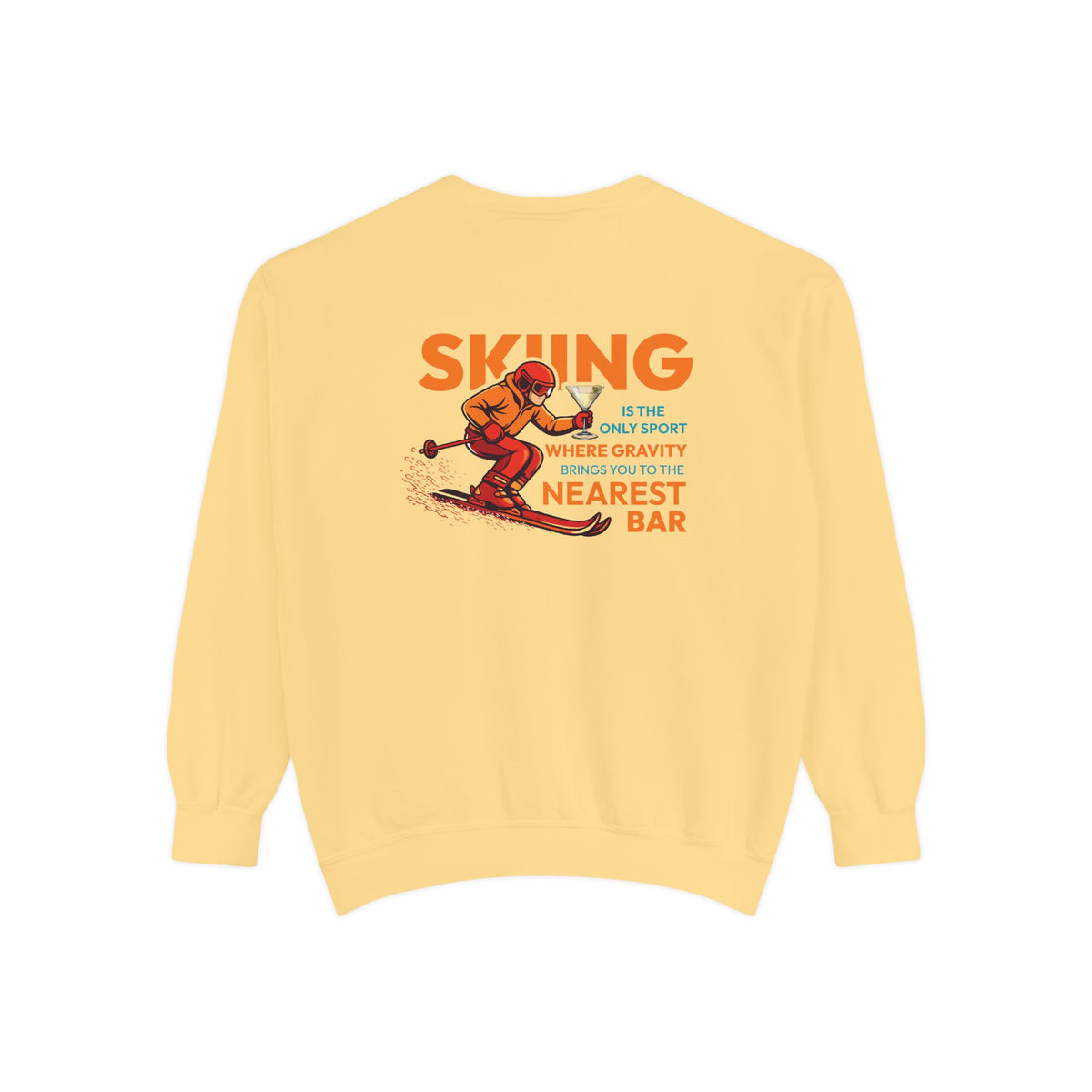 Gravity Skiing Crewneck Sweatshirt in Butter, flat back