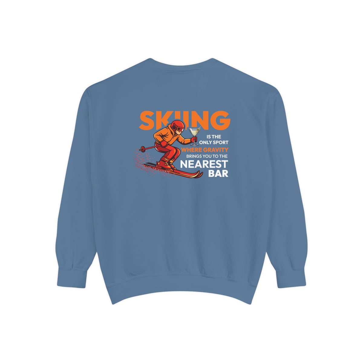 Gravity Skiing Crewneck Sweatshirt in Blue Jean, flat back