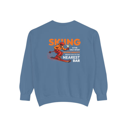Gravity Skiing Crewneck Sweatshirt in Blue Jean, flat back