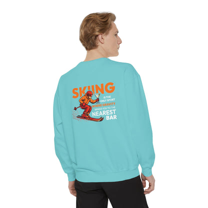 Gravity Skiing Crewneck Sweatshirt in Chalky Mint, male model, back