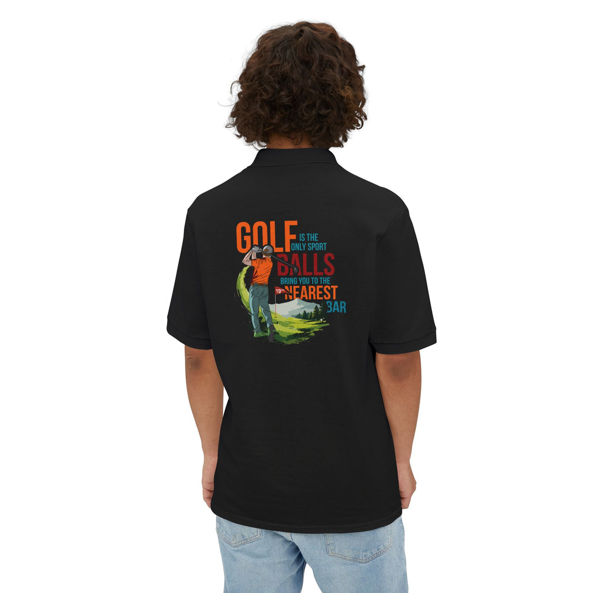 Man wearing Golf Polo Shirt in Black, back graphic