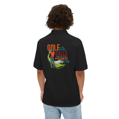 Man wearing Golf Polo Shirt in Black, back graphic