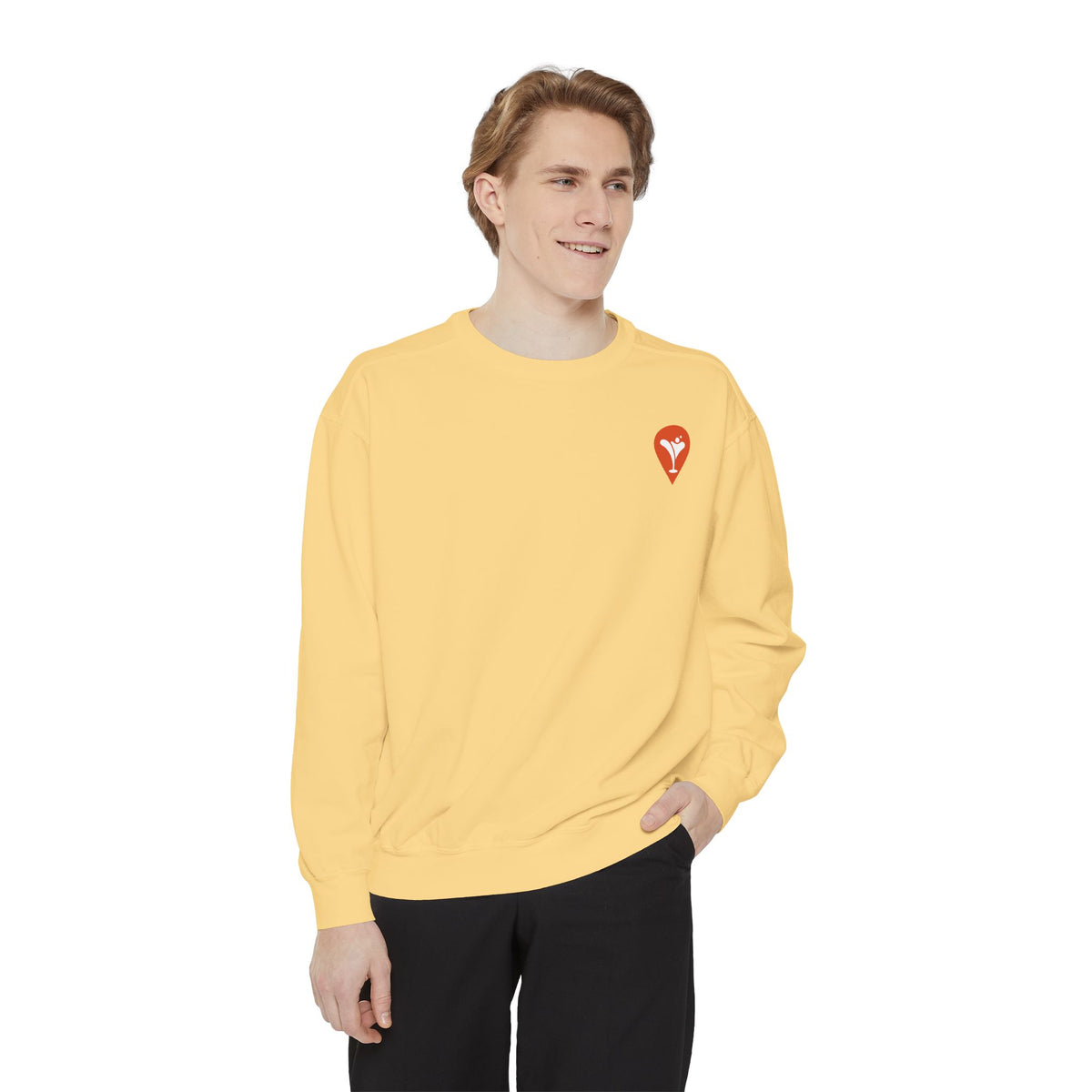 Gravity Skiing Crewneck Sweatshirt in Butter, male model, front