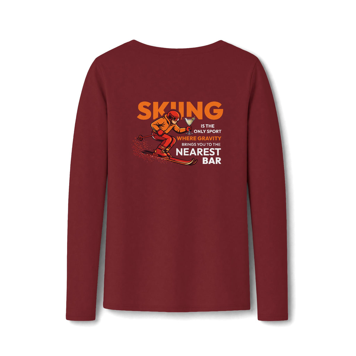 Gravity Skiing Women's Long Sleeve V-Neck Tee in Team Cardinal, back