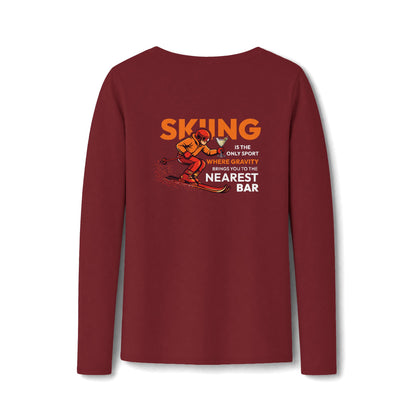 Gravity Skiing Women's Long Sleeve V-Neck Tee in Team Cardinal, back